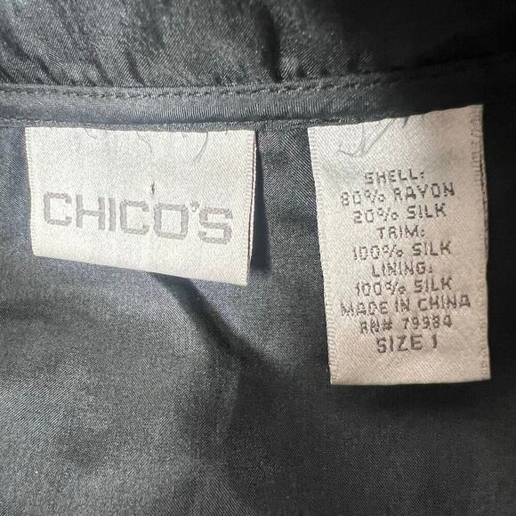 Chicos 1 Black Silk Blend Open Front Jacket Textured Stand Collar Magnet Closure - Picture 9 of 11